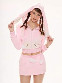 ROMWE Kawaii Women's Cute Rabbit Ear Plush Patchwork Contrast Color Fabric Rabbit Tail 2 Pieces Set - Pink - View 5