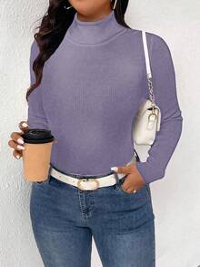 Plus Size Solid Color Turtleneck Ribbed Knit Fitted Long Sleeve Sweater, Autumn/Winter - Lilac Purple - View 3