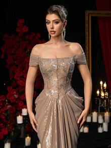 Glamrae Elegant Brown Luxurious Sequin Lace Patchwork Off-Shoulder Mermaid Hem Adjustable Tie Dress, Suitable For Dates, Vacations, Singles Parties, Weddings, Formal Occasions - Brown - View 3