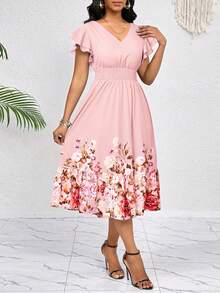 SHEIN Lady 女士优雅印花中长连衣裙，夏季 - 粉色 - 查看 5