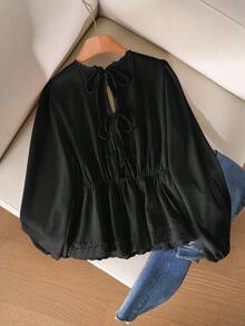 CosyJoli 大码纯色V领蕾丝拼接休闲长袖衬衫 - 黑色 - 查看 3