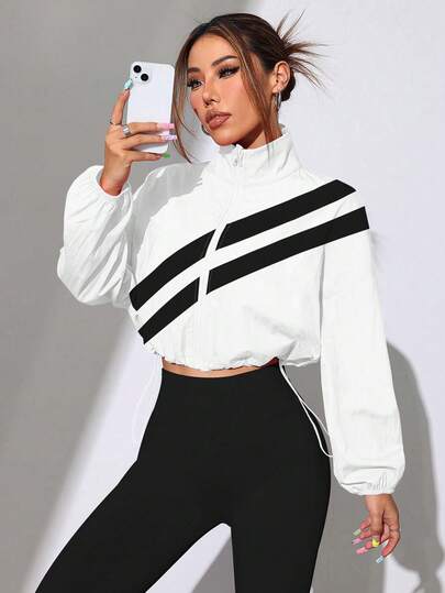 Easithlete Chaqueta deportiva con bloqueo de color, cremallera completa y dobladillo con cordón, adecuada para primavera y otoño