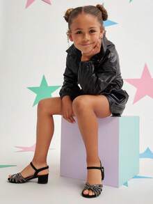 Mini mi Girls' Peep Toe Low Block Heel Nub Black Rhinestone Dress Sandals – Rhinestone Fan Strap Design With Buckle Closure For Party & Dressy Looks - Black - View 5