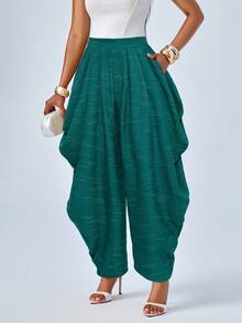 SOLERSUN Women's Fashion Loose Khaki Pleated Pocket Pants - Teal Blue - View 1