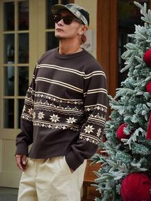 DAZY Men's Vintage Jacquard Pattern Crew Neck Sweater, Autumn/Winter,New Year,Christmas - Brown - View 5
