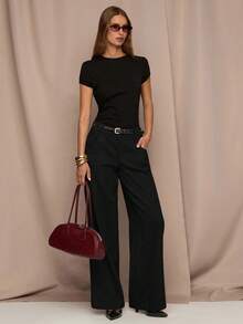 SHEIN BAE 女式休闲日常通勤简约纯色侧袋阔腿裤，不含腰带 - 黑色 - 查看 6