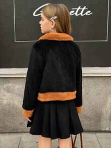 MODELY Tween Girl Girls Plush Jacket, Colorblock Long Sleeve Faux Fur Collar Jacket, Casual Wear For Autumn/Winter - Black - View 2