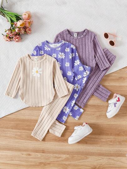 SHEIN Playful Pals 6件套可爱女童春秋季罗纹面料蝴蝶结印花/蝴蝶结满印/纯色玫红色长袖弧形下摆T恤和修身长裤休闲时尚套装