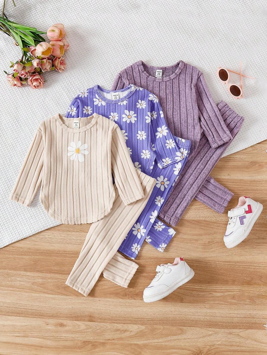 SHEIN Playful Pals 6件套可爱女童春秋季罗纹面料蝴蝶结印花/蝴蝶结满印/纯色玫红色长袖弧形下摆T恤和修身长裤休闲时尚套装 - 紫色 - 查看 1