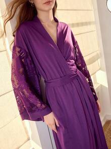 MOTF PREMIUM ELEGANT CONTRAST LACE CAMI DRESS & ROBE PAJAMA SET - Purple - View 2