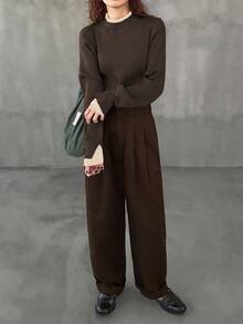 FRIFUL 女士撞色高领落肩长袖宽松休闲套头毛衣，秋季百搭 - 棕色 - 查看 2