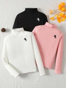 SHEIN 3pcs Atasan Rajut Lengan Panjang Kerah Bulat Warna Polos untuk Anak Perempuan Remaja, Blus Serbaguna Kasual untuk Sehari-hari, Musim Gugur/Dingin - MultiWarna - View 3