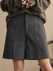 Dazy-Less 女士宽松休闲商务羊毛混纺短裤，秋冬款 - 灰色 - 查看 1