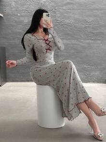 Feyla 女士蝴蝶结印花长袖休闲中长连衣裙 - 酒紅色 - 查看 2