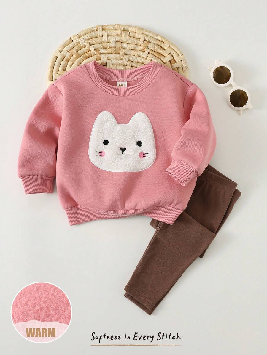 Cozy Pixies 2pcs Baby Girl Cartoon Rabbit Graphic Knit Soft Crew Neck Long Sleeve Sweatshirt And Elastic Waist Pants Set - Multicolor - View 1