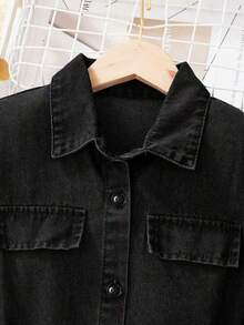 SHEIN Casual Front Button Long Sleeve Tween Girls Denim Dresses, Black Denim Dress, Denim Shirt Dress, Button Down Dress, Jean Dress Fall Winter - Black - View 3