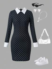 Váy dài tay ôm sát họa tiết chấm bi cổ điển tương phản dành cho bé gái tuổi teen - màu đen - Xem 7