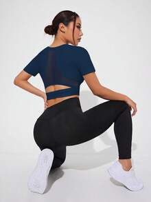 Dewbera 白色网眼拼接短袖运动T恤 - 藏蓝色 - 查看 3