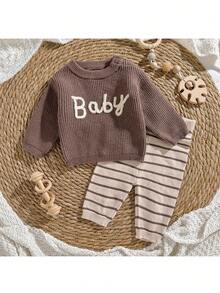 Loomiva Newborn Baby Boy/Girl Brown Cute Cartoon Letter Pattern Round Neck Shoulder Sweater & Striped Winter Pants Set,Autumn Casual Versatile Infant Outfit - Multicolor - View 3