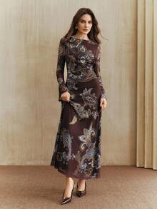 Anewsta Elegant Design Cashew Random Print Slim Fit Dress, Vacation Outfits For Women, From Spring To Summer - Multicolor - View 3