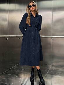 SHEIN 女士纯色简约日常圆领长袖连衣裙 - 寶藍色 - 查看 3