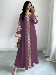 SHEIN Najma 女士紫色印花V领长袖优雅阿拉伯风格长款连衣裙，春秋季 - 彩色 - 查看 1