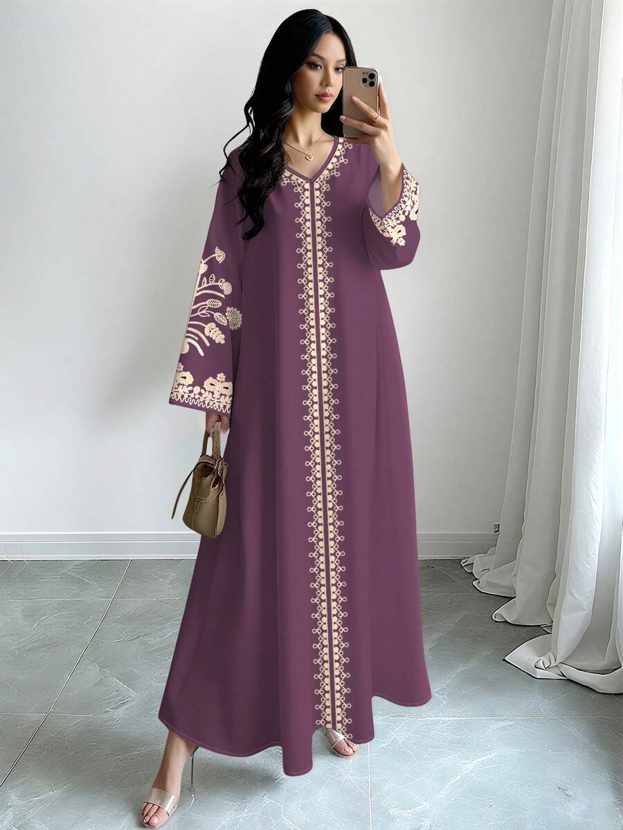 SHEIN Najma 女士紫色印花V领长袖优雅阿拉伯风格长款连衣裙，春秋季 - 彩色 - 查看 1