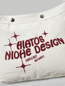 ROMWE Grunge Punk 字母細節托特包Y2K大容量單肩包女士時髦流浪包辦公和購物字母刺繡流浪包中等帆布 - 白色 - 查看 3