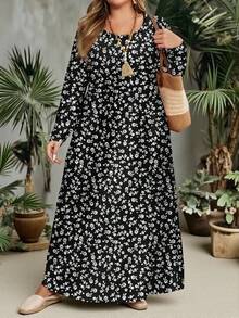 Mellowie Abito a maniche lunghe con scollo tondo e stampa floreale ditsy, adatto per autunno/inverno, vacanze e regalo per insegnanti, taglie comode - Multicolore - Visualizzare 4