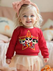 THE POWERPUFF GIRLS X SHEIN 女婴休闲卡通印花红色圆领运动衫，秋季 - 紅色 - 查看 7