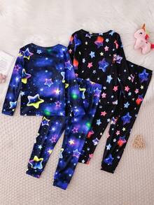 2件套女童圆领长袖针织独角兽星星印花修身睡衣套装 - 彩色 - 查看 2