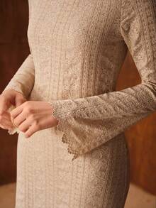 MOTF PREMIUM LACE FLARE SLEEVE DRESS - Khaki - View 3