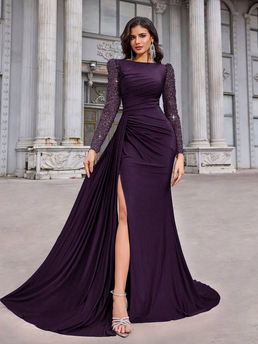 Aureia 优雅奢华亮片刺绣拼接弹力针织面料圆领褶皱薄纱长袖修身鱼尾高开衩连衣裙，适合单身派对、约会、舞会、生日、婚礼、正式场合、情人节等场合。 - 紫色 - 查看 1