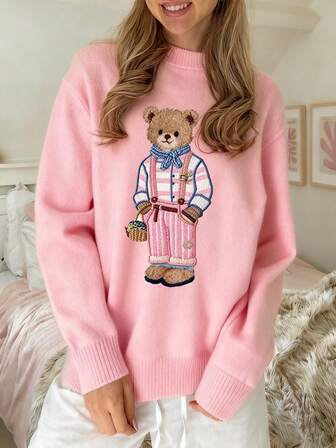 CovetEZ Casual Women's Macaron Pink Teddy Bear Sweater, Macaron Pink Adds Youthful Charm! Super Flattering Color! Cute Christmas Home Wear Suitable For Autumn/Winter, Women's Comfortable Autumn/Winter Clothing, 2025 Autumn/Winter Women's Collection