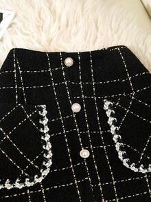 GlowEve 黑色高腰格纹粗花呢优雅A字裙，女士款 - 黑色 - 查看 4