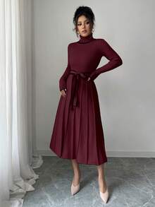 SHEIN Elenzya Vestido de suéter con cuello alto elegante y ajustado, con ribete de contraste, textura acanalada y bajo con volantes, para otoño/invierno - Burdeos - Ver 5