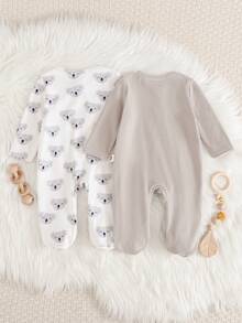 Cozy Pixies Newborn Baby Boy/Girl Cartoon Koala Print Striped Soft Knit Zip-Up Long Sleeve Romper And Pants 2-Piece Pajama Set - Grey - View 2