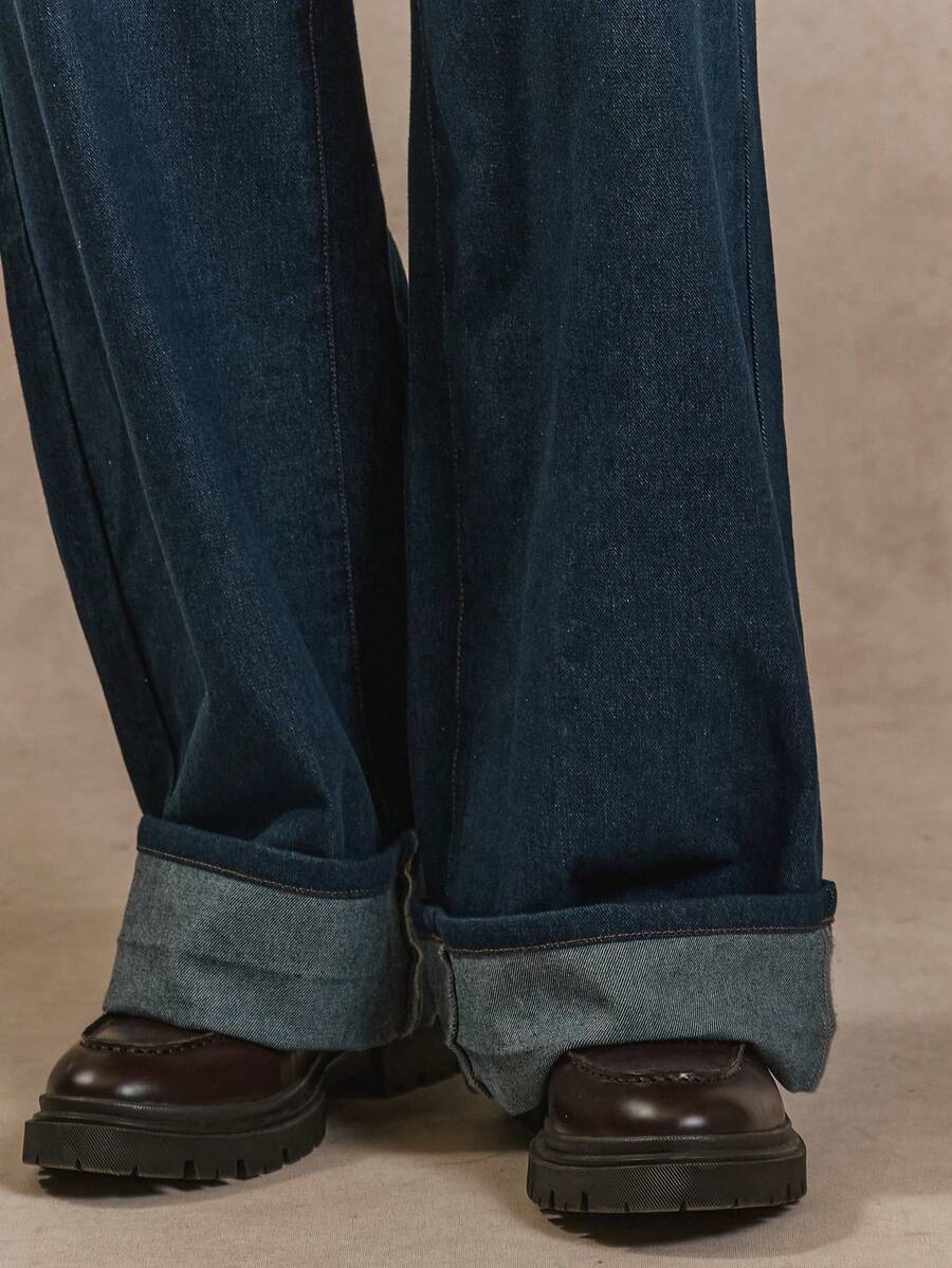 Musero Wide Leg Baggy Style Upturn Folded Cuff Jeans Self Fabric Belt Detail SPRING SUMMER Denim Rouser Only - Dark Wash - View 1