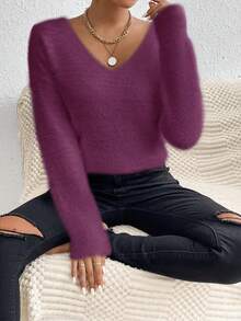 EMERY ROSE White V-Neck Casual Soft & Cozy Sweater, Long Sleeve Pullover Top, Autumn/Winter - Red Violet - View 4