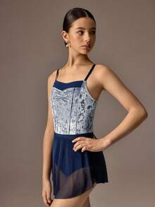 SHEIN 少女海军蓝芭蕾舞紧身衣和裙子套装，修身紧身可调节高端天鹅绒拼接高弹力面料，搭配柔软网眼裙，优雅的芭蕾舞裙 - 藏蓝色 - 查看 6