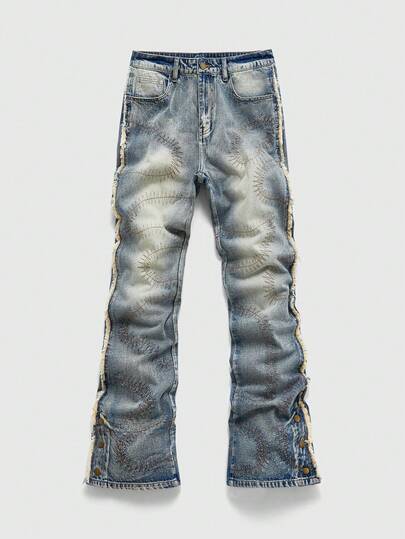 Grunge Punk Jeans da uomo con diamanti scintillanti e design a strati con risvolto