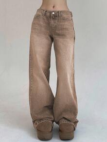 DAZY Quần jeans ống rộng cổ điển, giặt thường ngày dành cho nữ - Màu nâu  Mocha - Xem 4