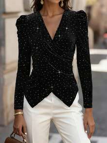 Balvessa 水钻天鹅绒交叉领优雅派对长袖女式T恤 - 黑色 - 查看 3