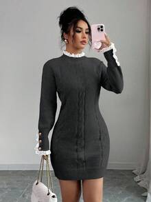 Elenzga 女士优雅撞色荷叶边针织毛衣连衣裙，适合工作和通勤，秋冬季 - 灰色 - 查看 4