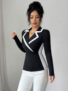 Elenzga 女士优雅修身针织拼接撞色翻领上衣/T恤，适合秋季、万圣节、圣诞节穿着。 - 黑與白 - 查看 4