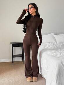 SHEIN PETITE 女士休闲纯色长袖上衣和喇叭裤套装，骑马图案印花，春夏款 - 棕色 - 查看 6