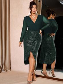 Cravure Đầm ôm sát tay dài cổ chữ V cỡ lớn dành cho nữ, đa năng giúp thon gọn và kéo dài cơ thể, thích hợp mặc hàng ngày và dự tiệc sang trọng - Màu xanh lá cây đậm - Xem 3