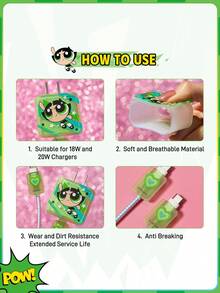 THE POWERPUFF GIRLS X SHEIN 3 Pcs Data Line Protective Cover, Suitable For IPhone Charger, Cherry Printing Pattern, Charger Protective Cover (Without Data Line),Gift Ideas - Green - View 4