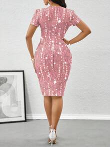 SHEIN Lady 女式水钻装饰十字交叉褶饰优雅中长连衣裙 - 粉色 - 查看 2