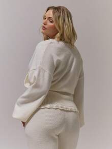 MUSERA Áo len cổ chữ V, viền móc, dáng ngắn, cỡ lớn, chất liệu dệt kim, có phần thắt eo, thích hợp cho mùa thu, đông, ấm áp, mặc hàng ngày, mùa xuân. - Màu be - Xem 4